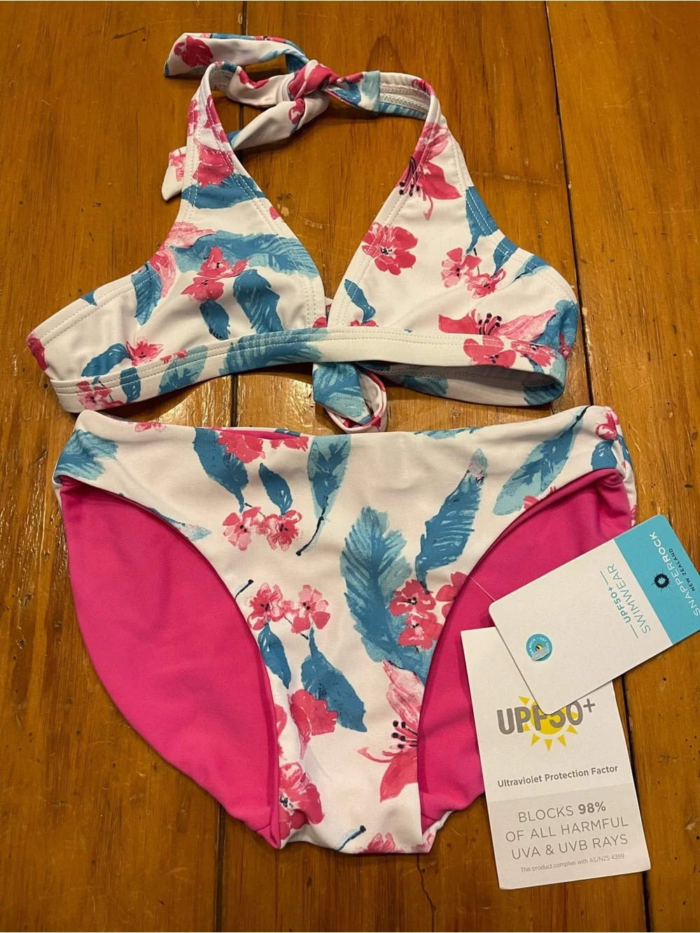 Snapper Rock White Halter Bikini with Pink & Blue Floral Print